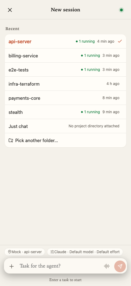 Current Fleet mobile task composer with project selection and voice input