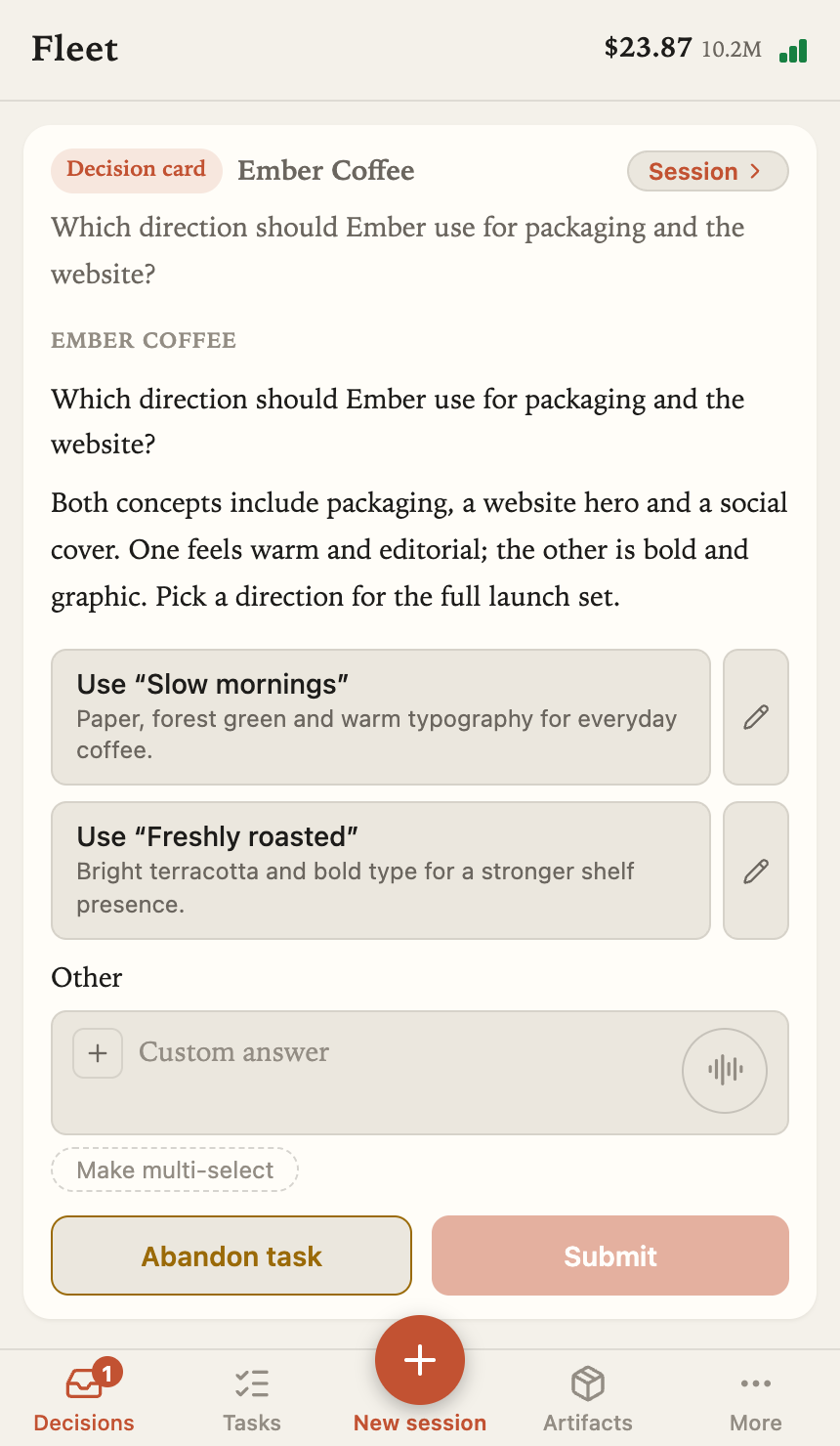 Fleet mobile review with a launch decision and two concrete options